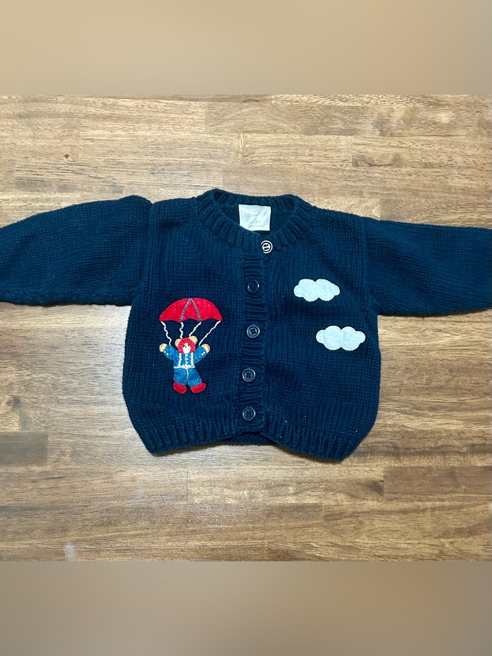 VINTAGE Victoria Kids Navy Knit Baby Cardigan with Parachute Bear Applique
